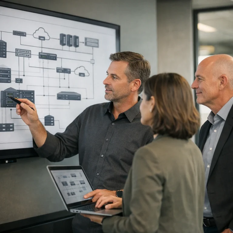 IT consultants reviewing technology architecture in a modern office