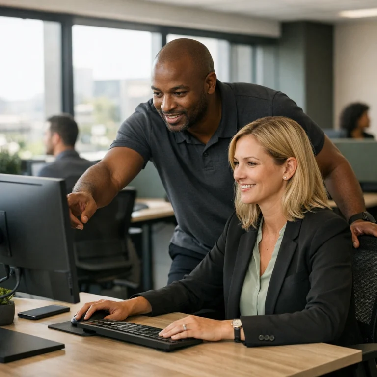 IT professional assisting a colleague at a workstation in a modern office