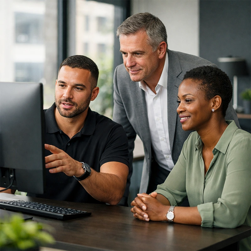 IT professionals collaborating on business technology in a modern office