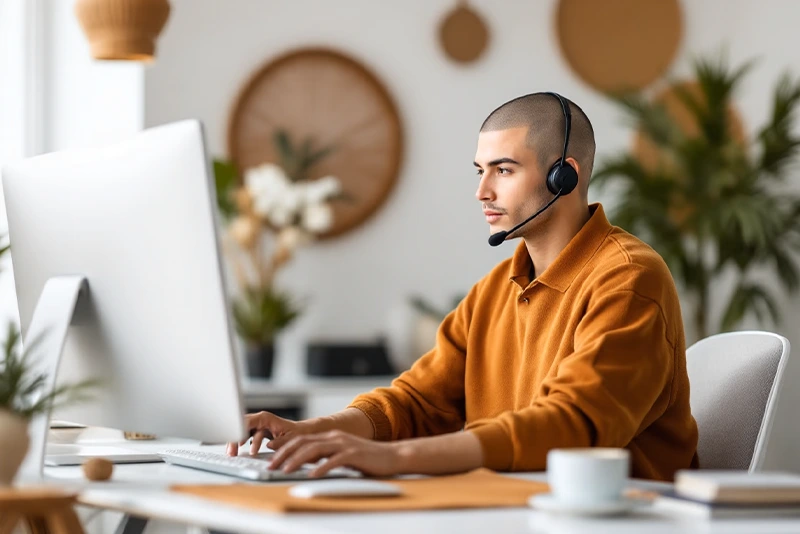 T support professional wearing a headset while working at a computer